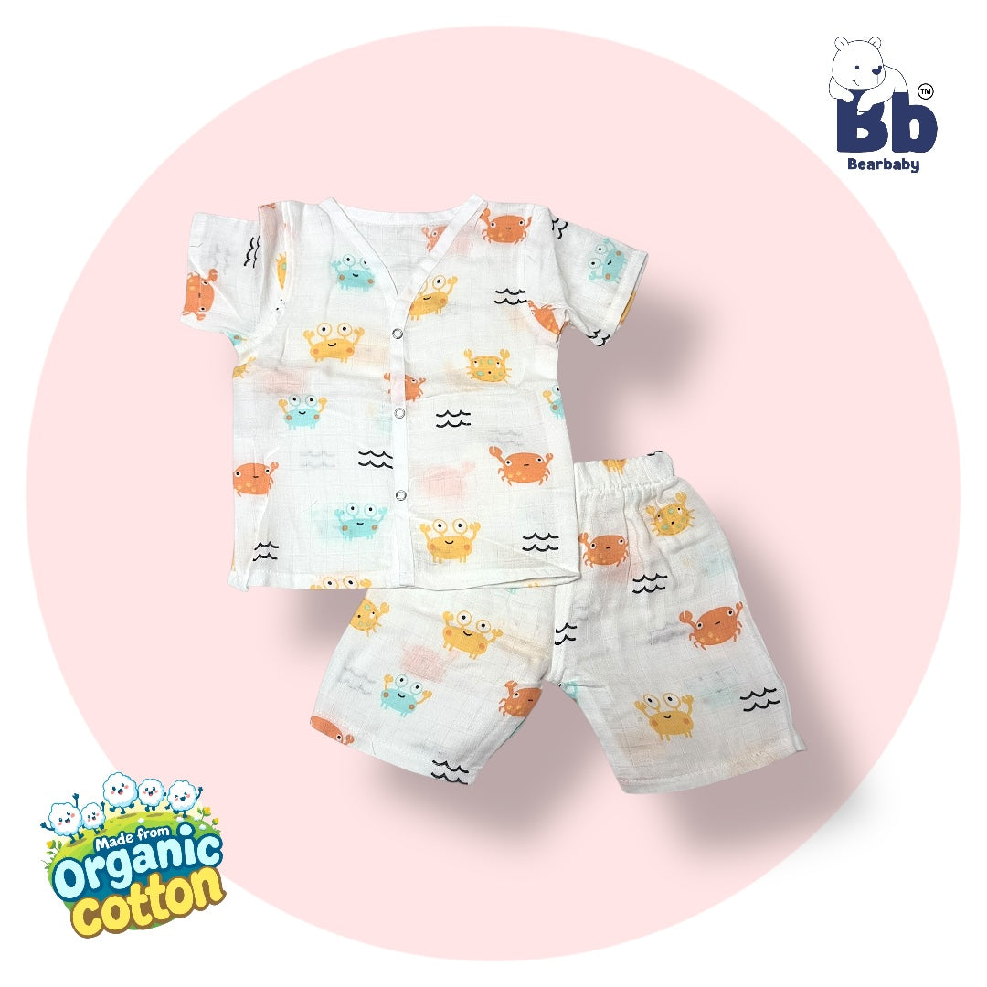 Baby Unisex Organic Cotton Muslin  Half Sleeves  Jhabla & Payjama Set - Size 6m-9m-Crab Print