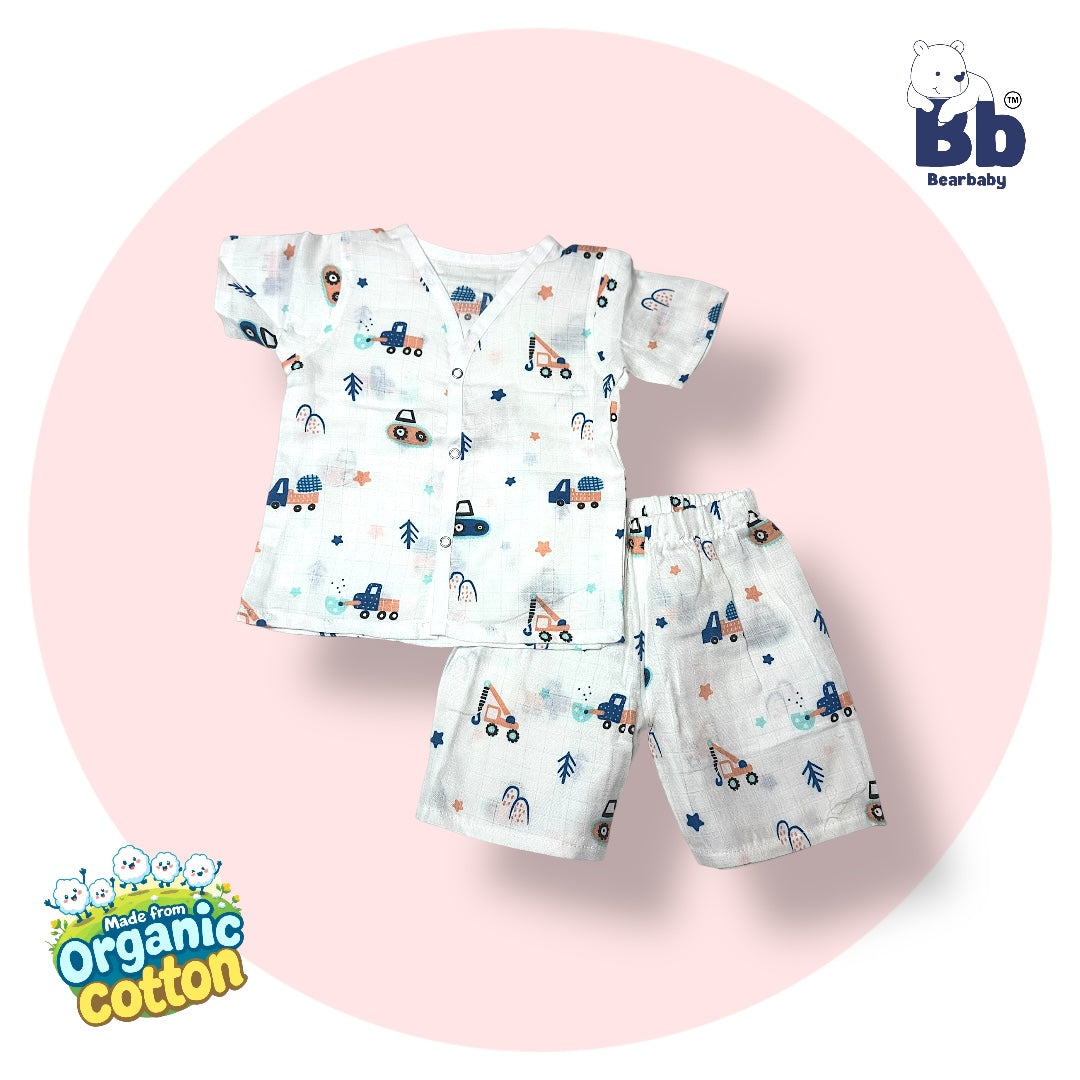 Baby Unisex Organic Cotton Muslin  Half Sleeves  Jhabla & Payjama Set - Size 6m-9m-Truck Print