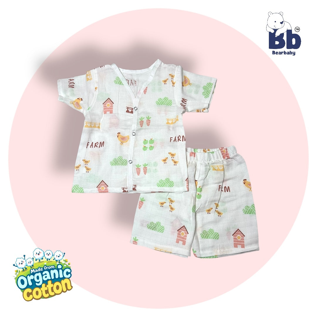 Baby Unisex Organic Cotton Muslin  Half Sleeves  Jhabla & Payjama Set - Size 6m-9m-Farm Print