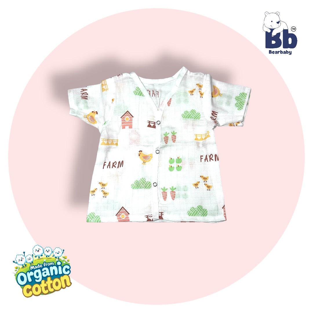 Baby Unisex Organic Cotton Muslin Half Sleeves Jhabla & Payjama Set - Size 6m-9m-Farm Print