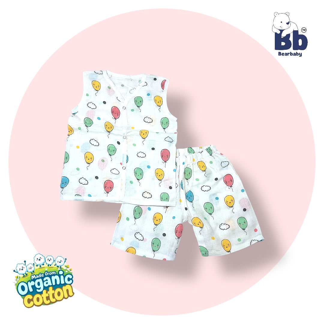 Baby Unisex Organic Cotton Muslin  Sleevless Jhabla & Payjama Set - Size 9m-12m-Balloon Print