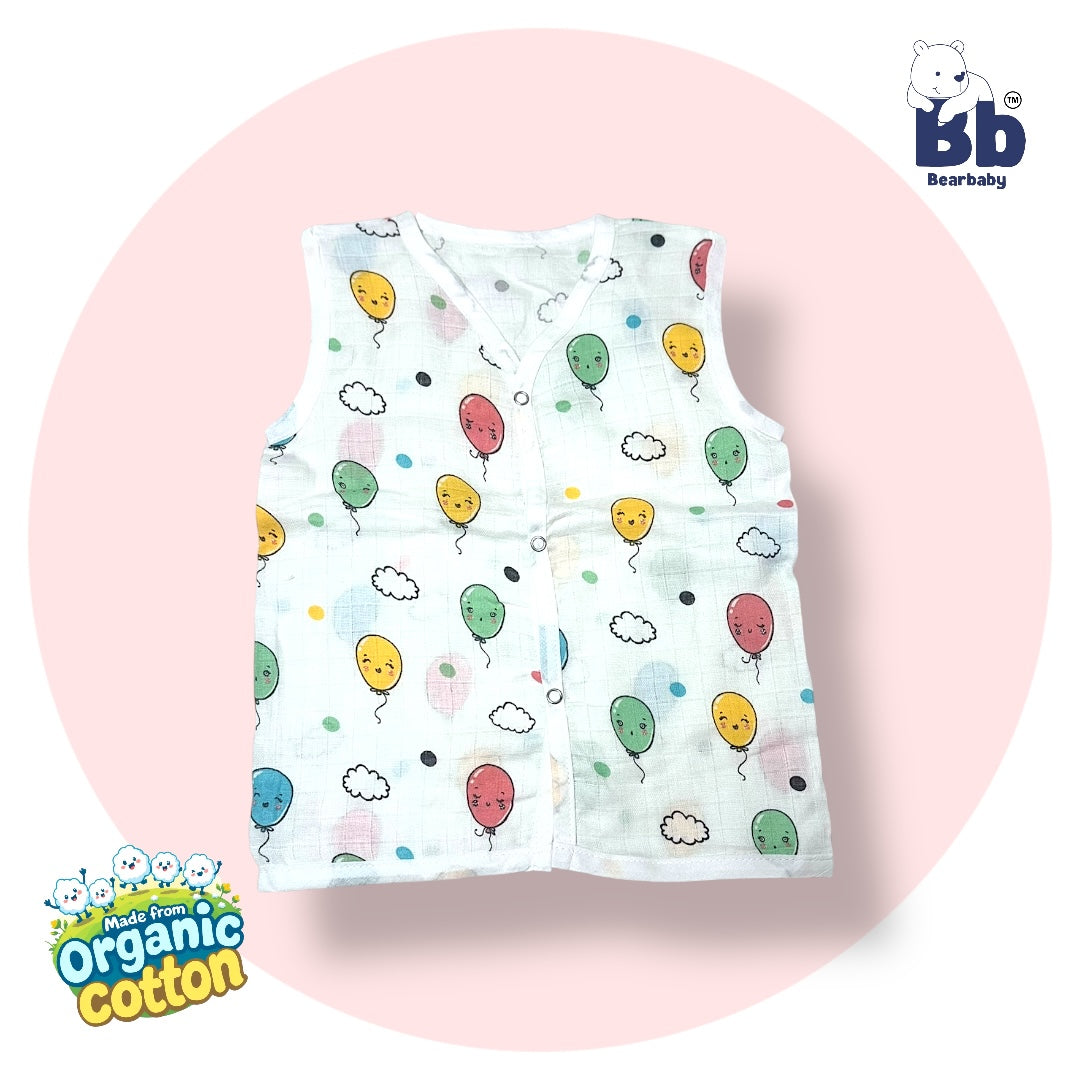 Baby Unisex Organic Cotton Muslin Sleevless Jhabla & Payjama Set - Size 9m-12m-Balloon Print