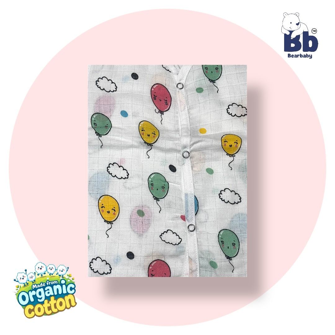 Baby Unisex Organic Cotton Muslin Sleevless Jhabla & Payjama Set - Size 9m-12m-Balloon Print