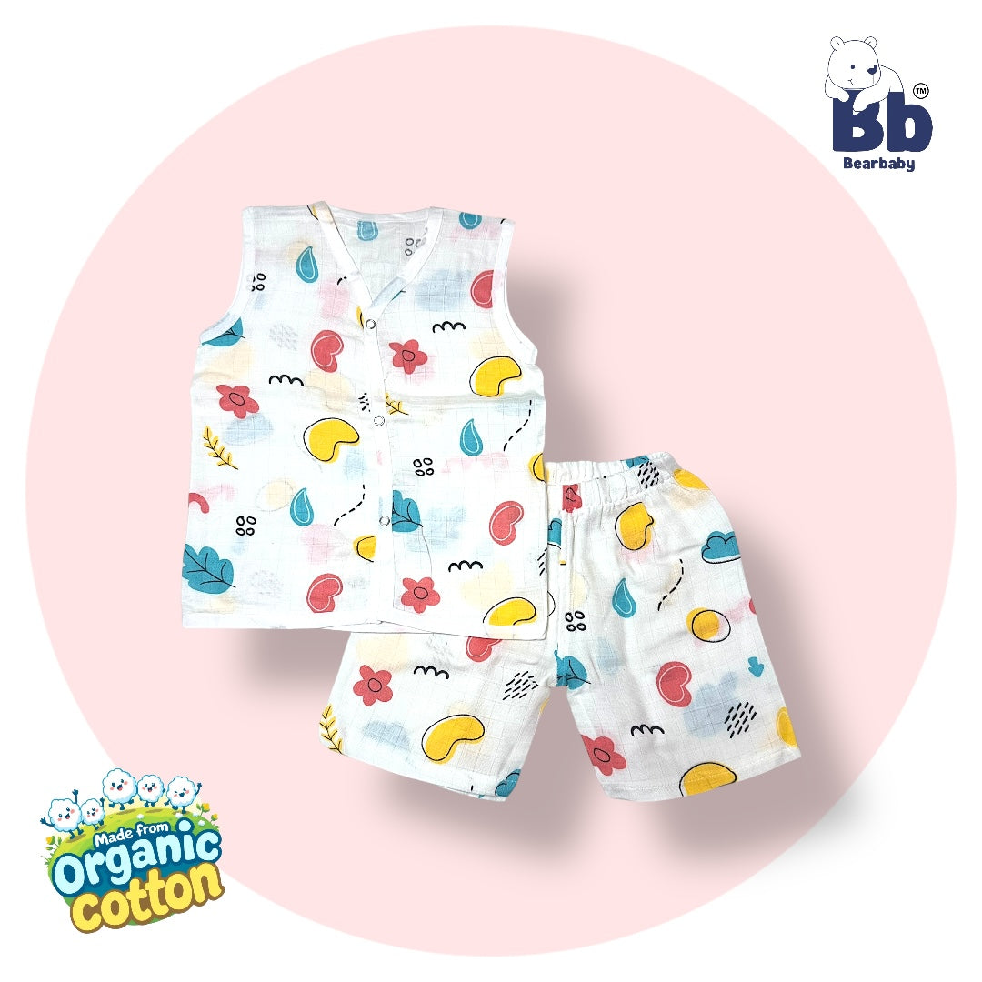 Baby Unisex Organic Cotton Muslin  Sleevless Jhabla & Payjama Set - Size 9m-12m-Star Print