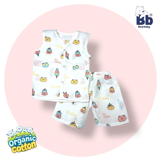 Baby Unisex Organic Cotton Muslin  Sleevless Jhabla & Payjama Set - Size 9m-12m-Ice Cream Print