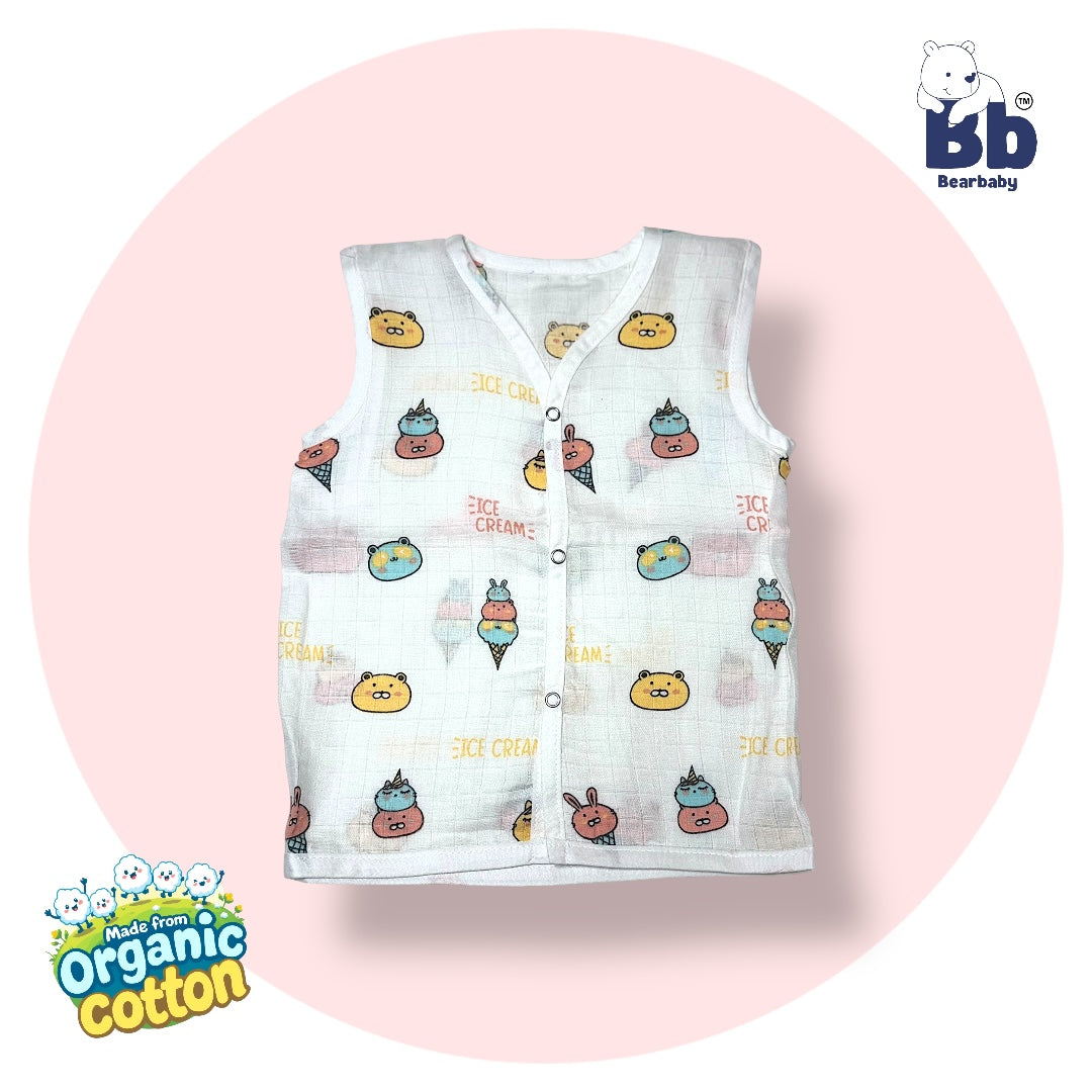 Baby Unisex Organic Cotton Muslin Sleevless Jhabla & Payjama Set - Size 9m-12m-Ice Cream Print
