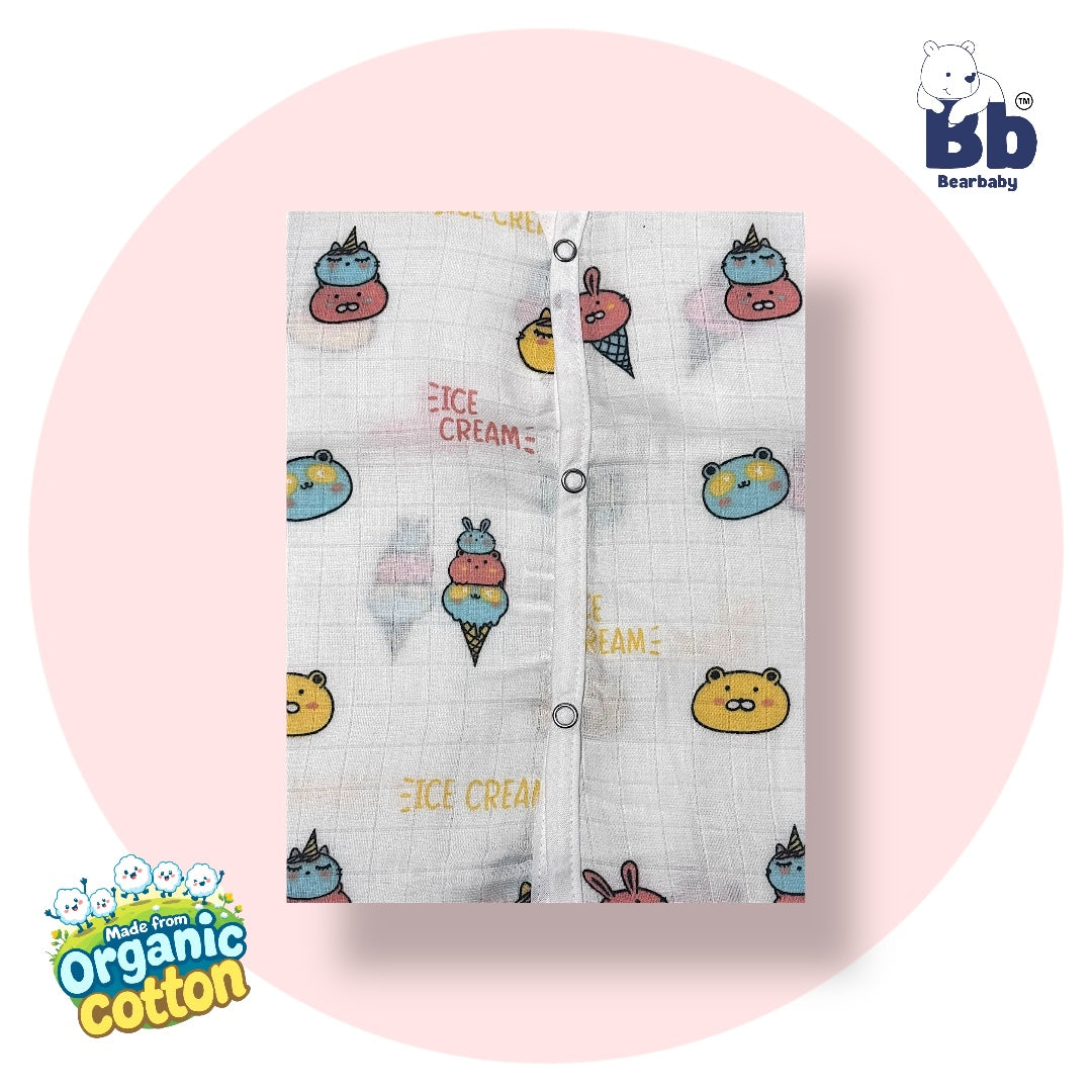 Baby Unisex Organic Cotton Muslin Sleevless Jhabla & Payjama Set - Size 9m-12m-Ice Cream Print