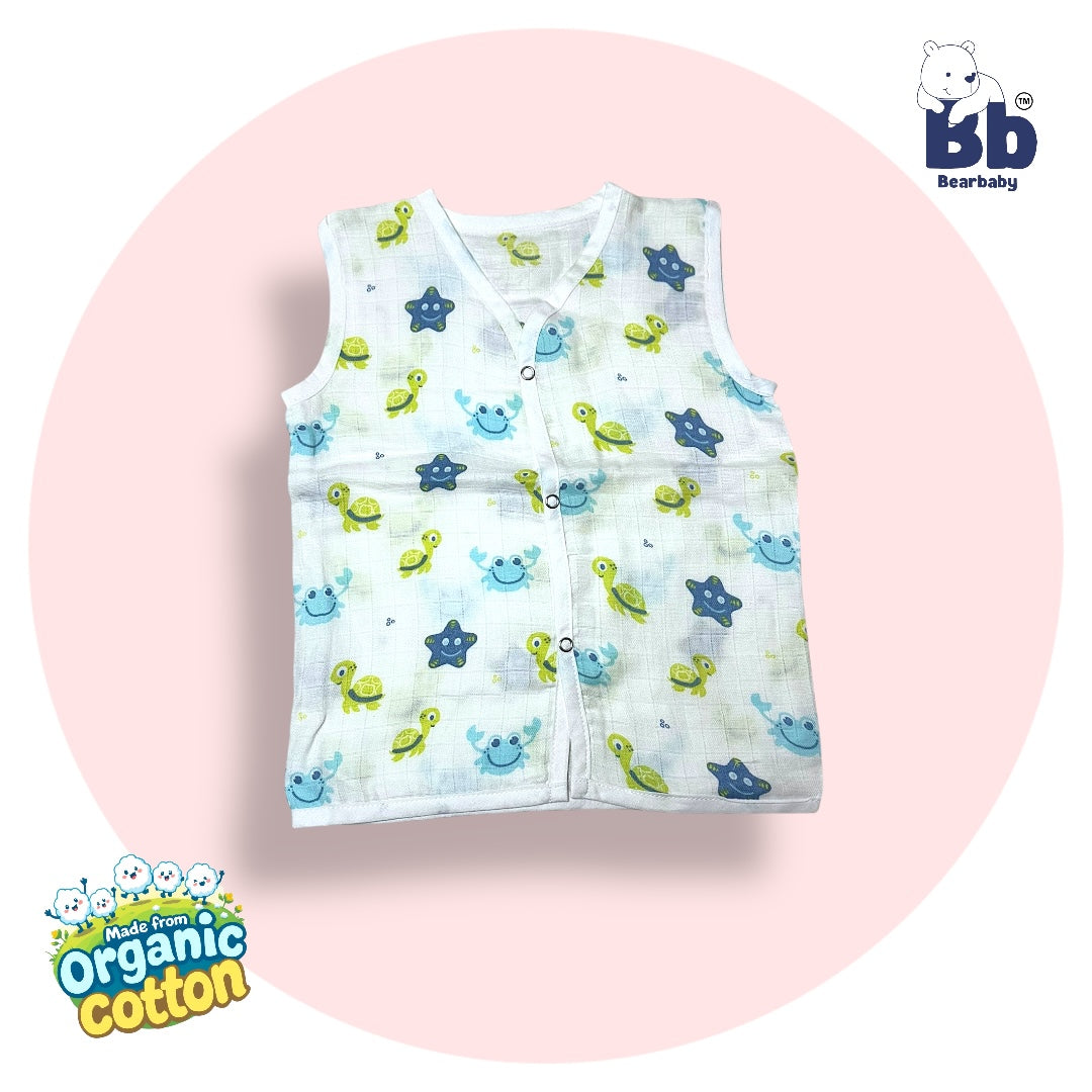 Baby Unisex Organic Cotton Muslin Sleevless Jhabla & Payjama Set - Size 9m-12m-Star Print