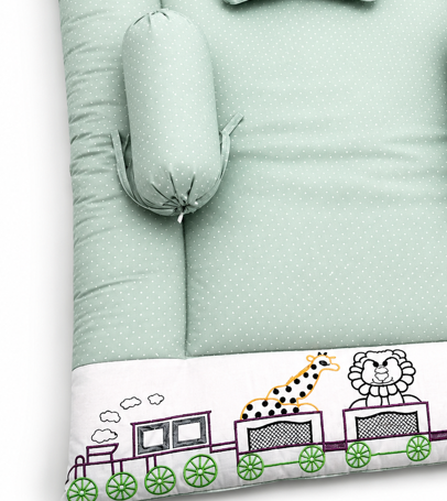 Bearbaby Mint Green Baby Sleeping Mattress Set with Soft Cotton Pillow and Side Bolsters Featuring Embroidered Animal Train Design for Newborns and Infants