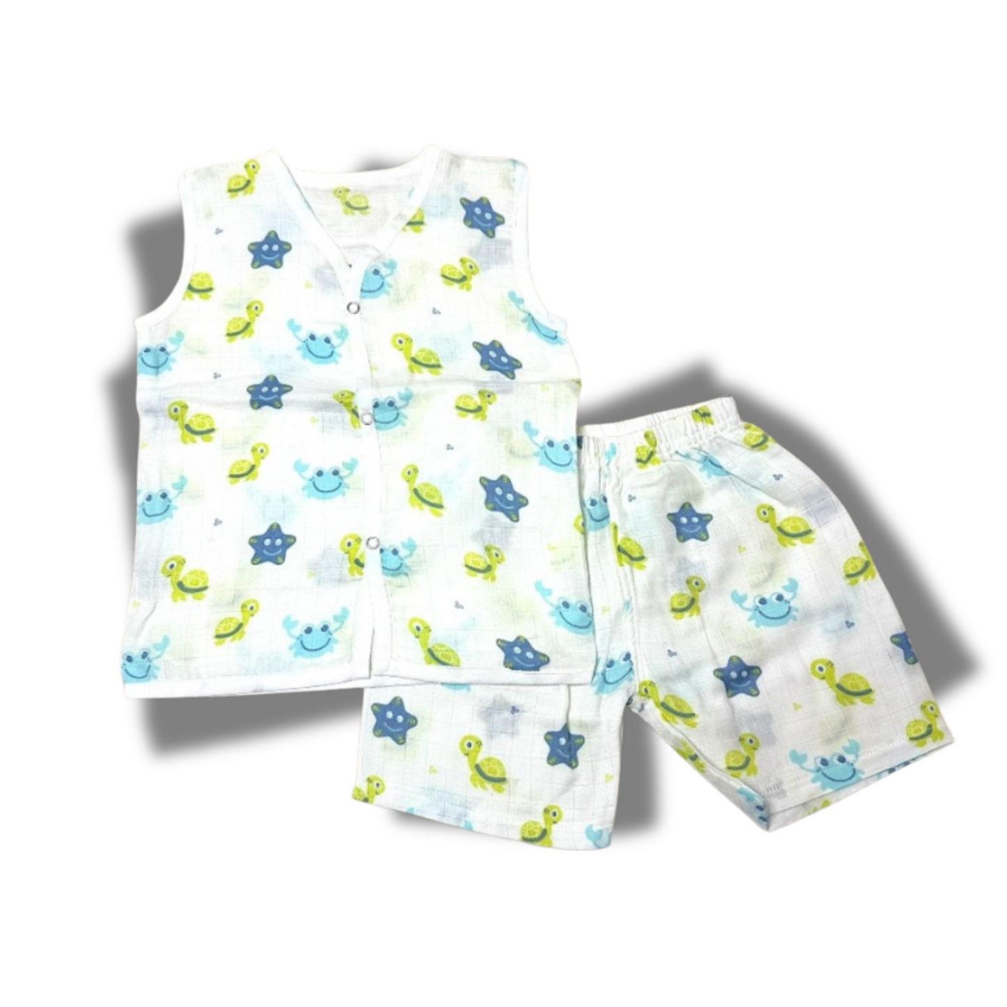 Children's sleeveless top and shorts set with turtle and starfish pattern on a white background Sleeveless Jhabla and Pajama