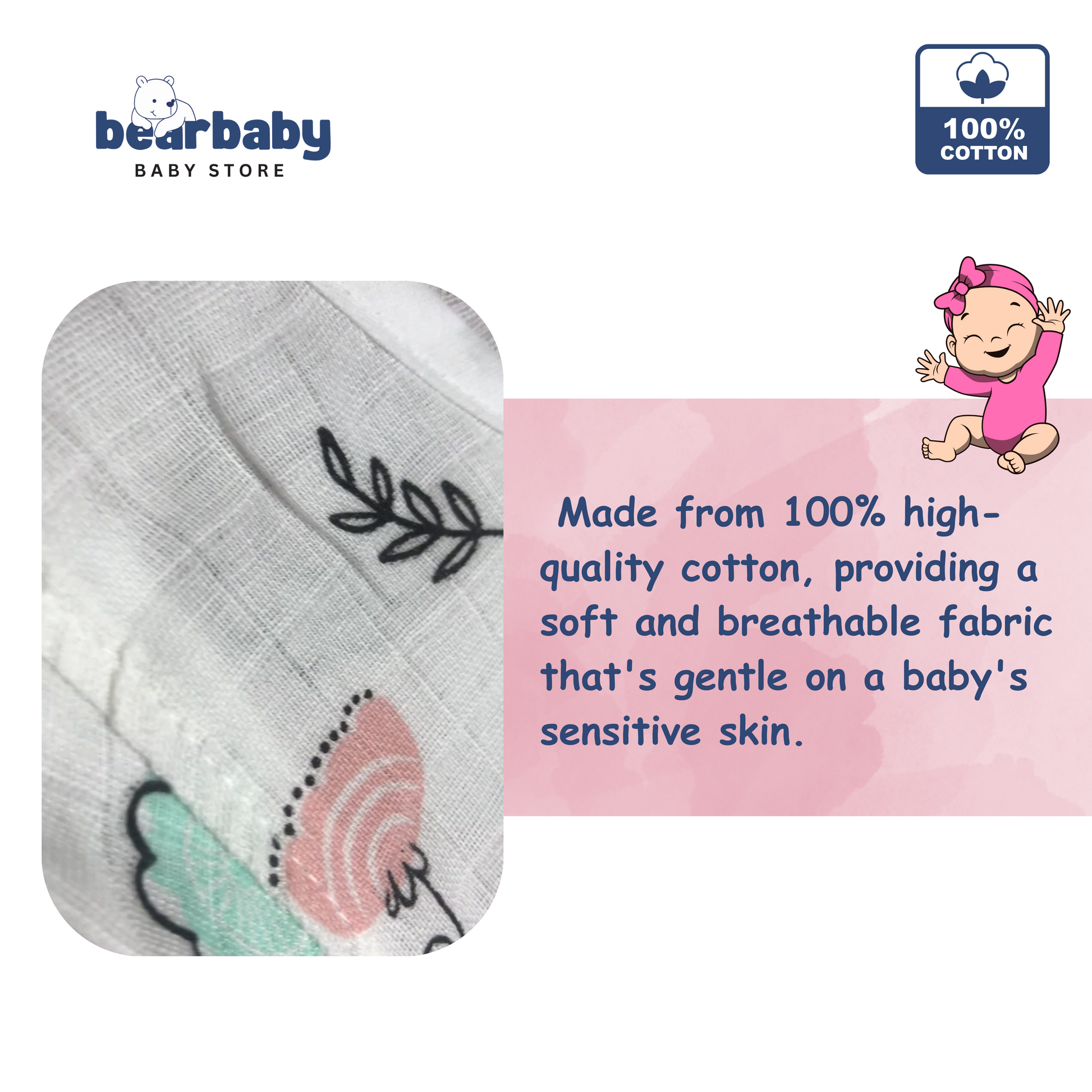 Baby product with floral design and text about 100% cotton material, featuring the Bearbaby Baby Store Sleeveless Jhabla and Pajama logo.