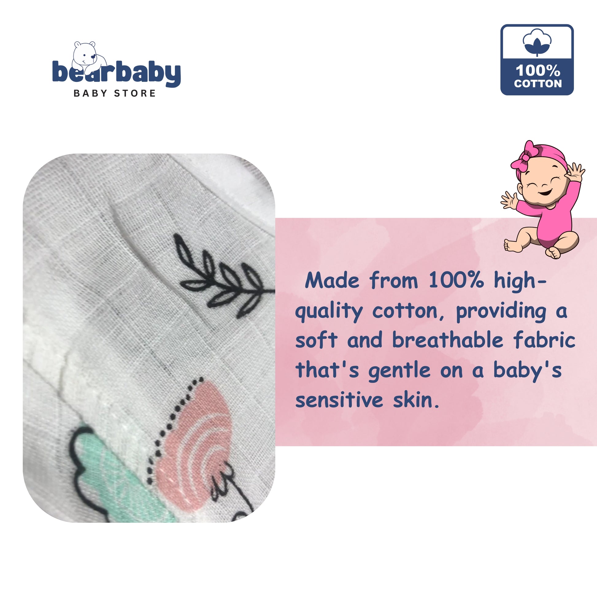 Baby product with floral design and text about 100% cotton material, featuring the Bearbaby Baby Store logo.