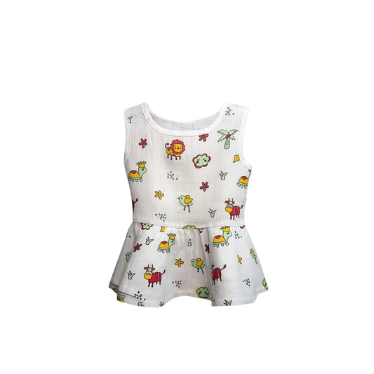 Bear Baby organic cotton sleeveless frock for baby girl, 3-6 months, white with assorted animal prints.