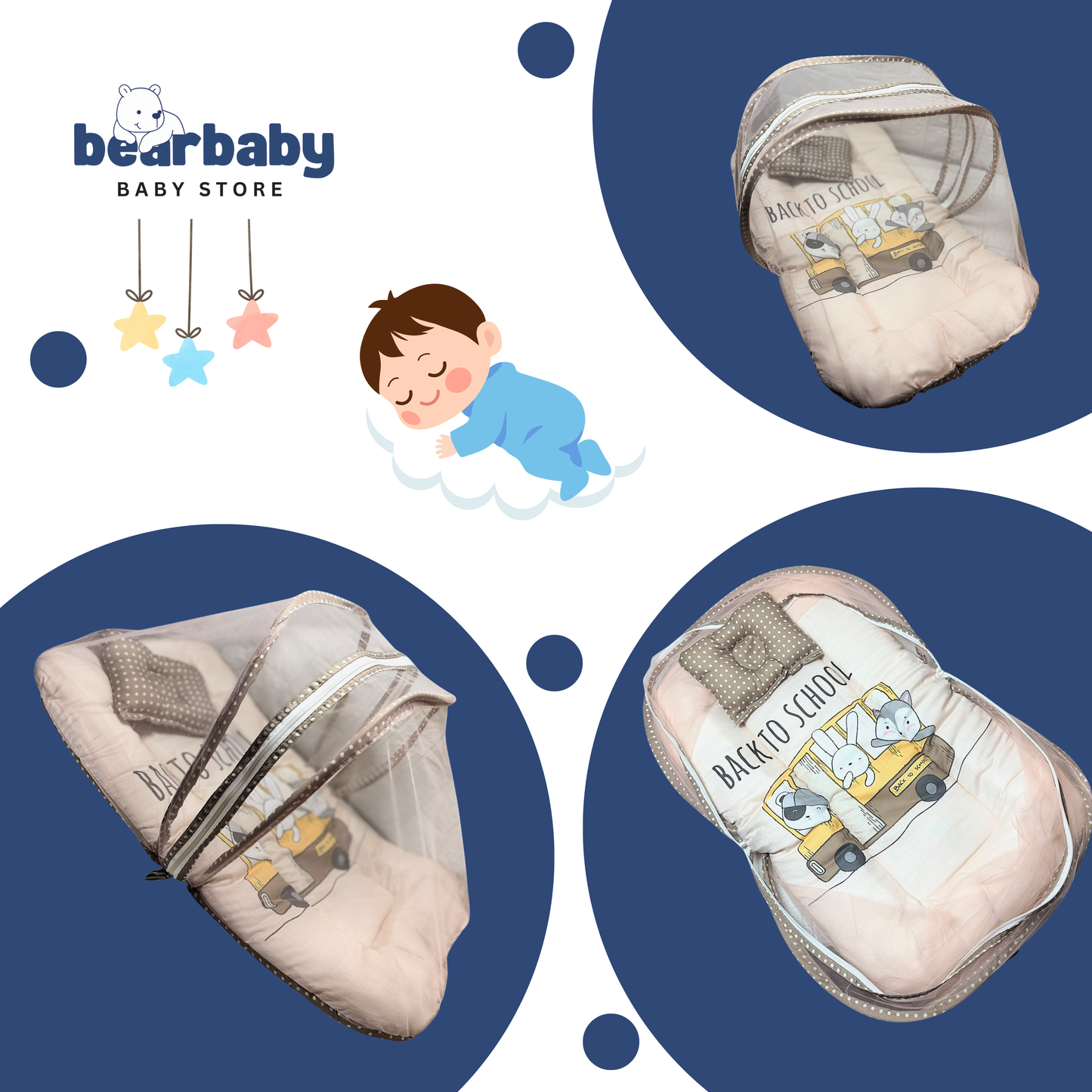 Baby products with 'bearbaby' branding on a blue and white with showing the different angle phptos or bedding et with mosquito net with zip clouser