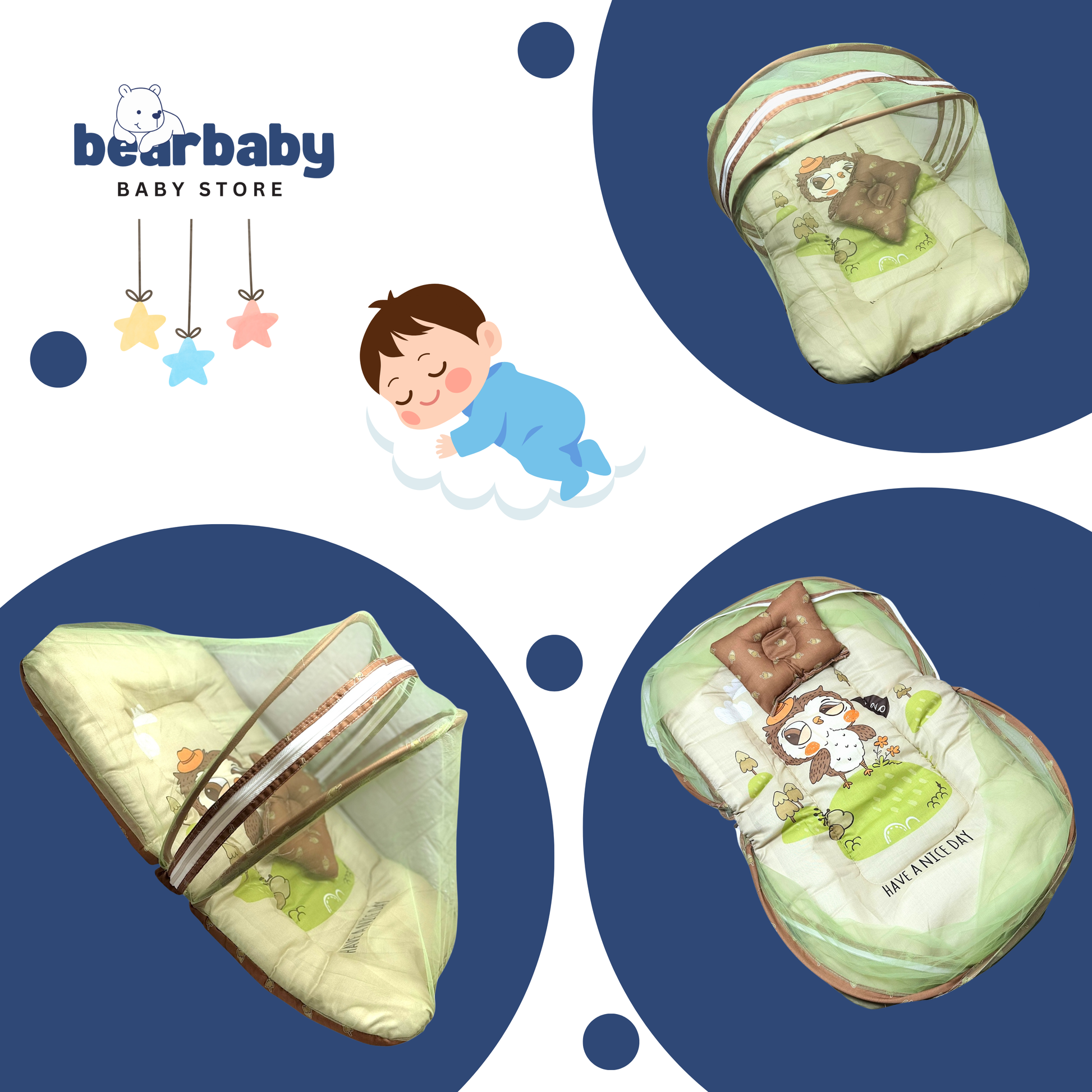 Baby sleeping bag with cartoon design on a blue background, featuring the Bearbaby Baby Store . “Newborn baby sleeping peacefully in a cotton baby mosquito net bed with mattress and pillow, safe baby sleeping bed with net for newborns protection.”logo.