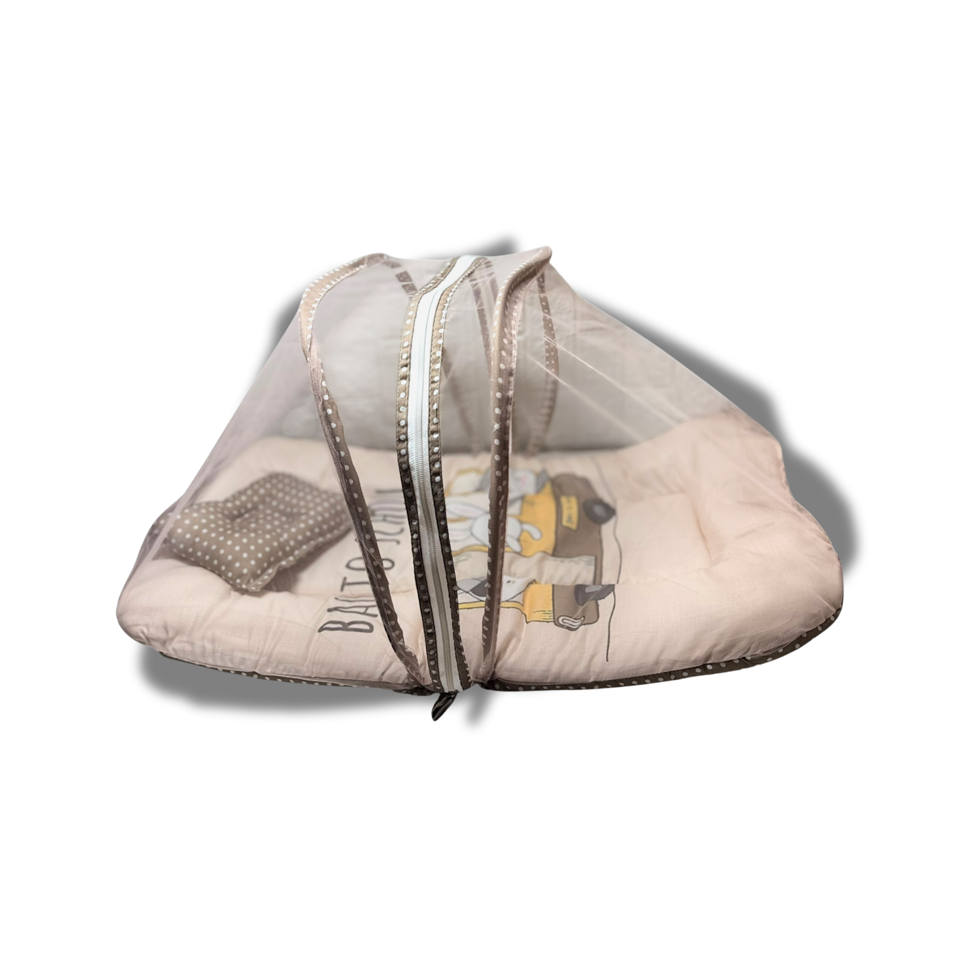 “Newborn baby sleeping peacefully in a cotton baby mosquito net bed with mattress and pillow, safe baby sleeping bed with net for newborns protection.”