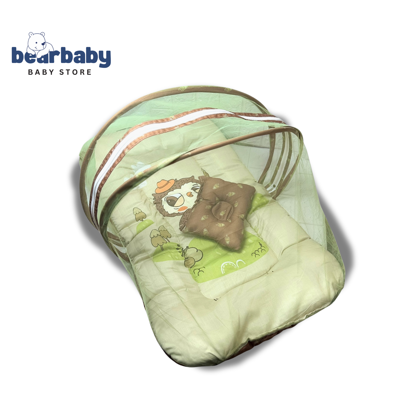 Green baby crib with lion design and bearbaby branding on a white background “Newborn baby sleeping peacefully in a cotton baby mosquito net bed with mattress and pillow, safe baby sleeping bed with net for newborns protection.”