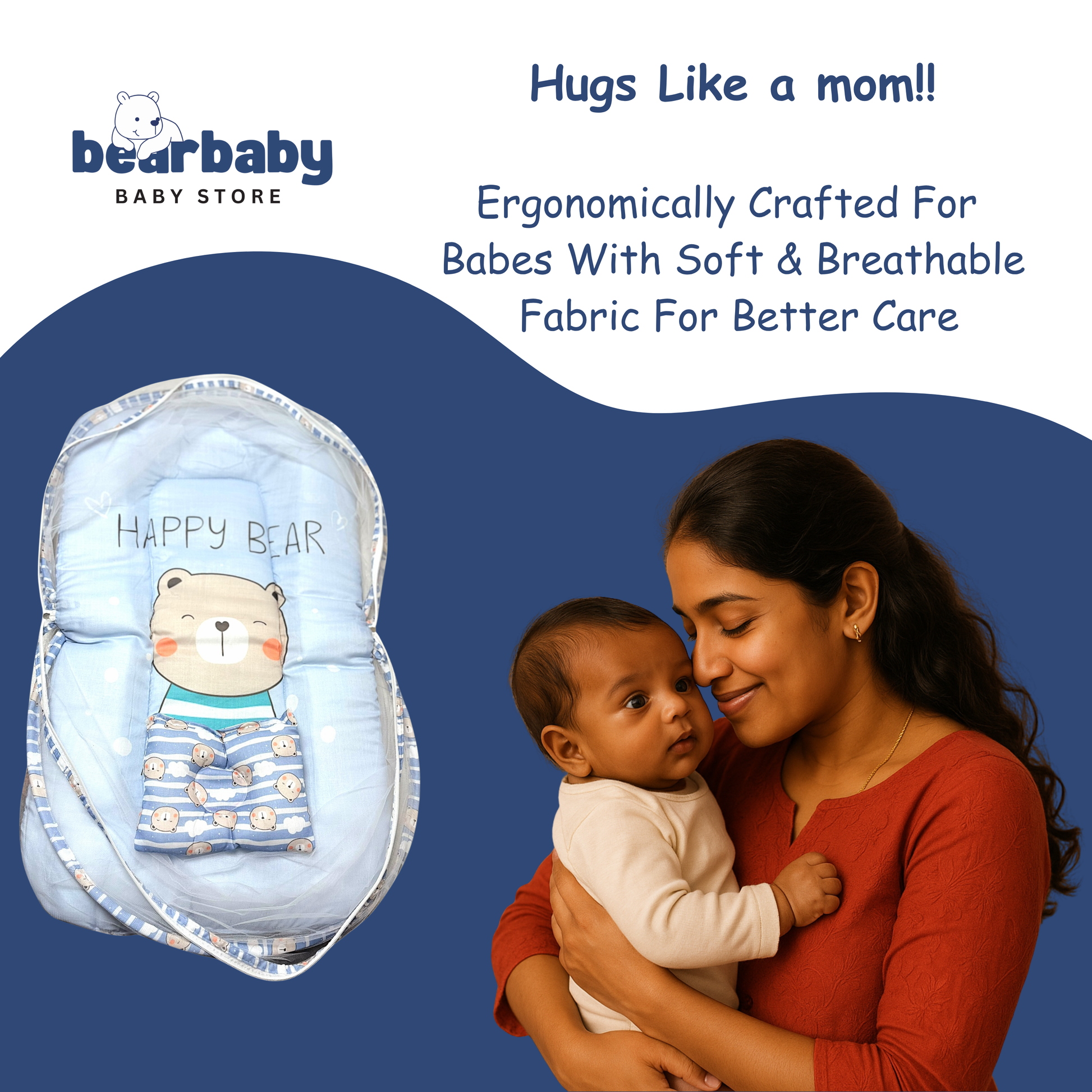 Baby carrier with 'Happy Bear' design and a woman holding a baby, branded as bearbaby. “Newborn baby sleeping peacefully in a cotton baby mosquito net bed with mattress and pillow, safe baby sleeping bed with net for newborns protection.”