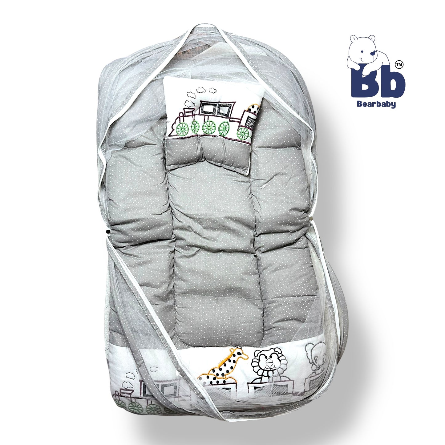 A gray baby bed with thick mattress, mosquito net, and neck pillow, featuring animal character designs and a zip closure.