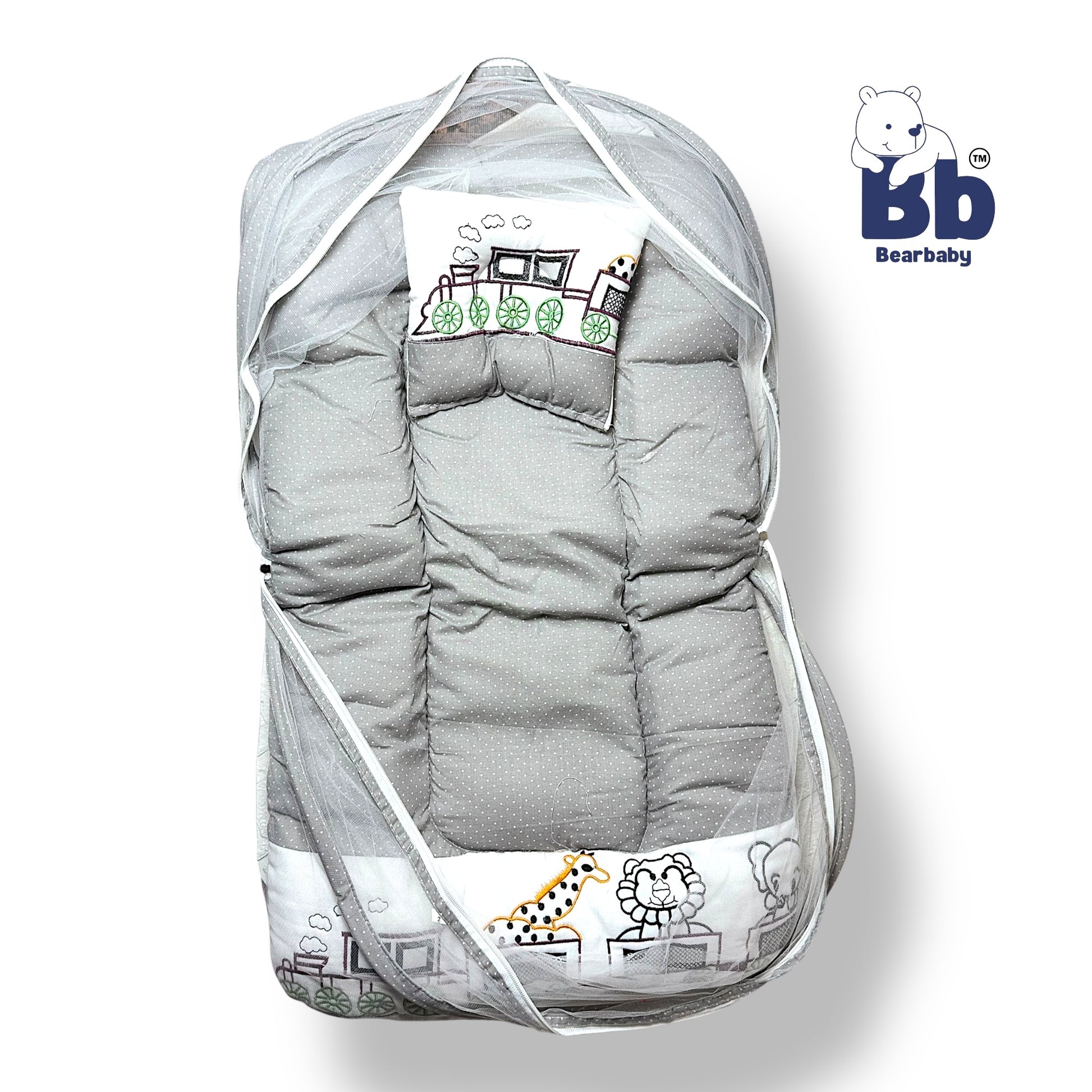 A gray baby bed with thick mattress, mosquito net, and neck pillow, featuring animal character designs and a zip closure.