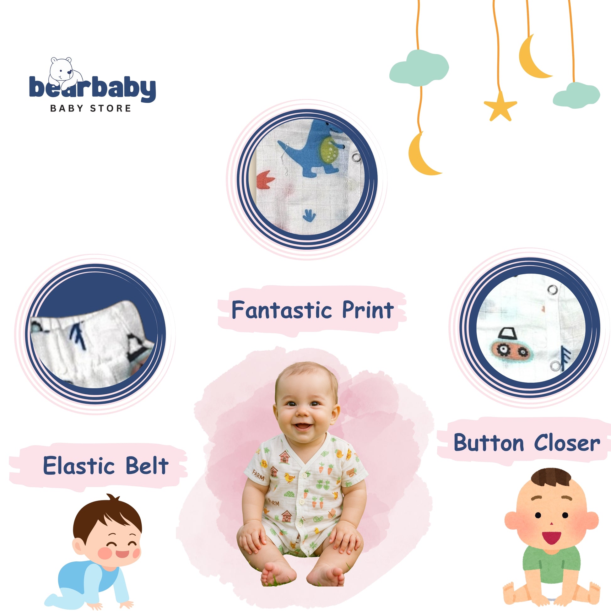 Advertisement for bearbaby baby store with baby products and features highlighted. sleeveless cordset