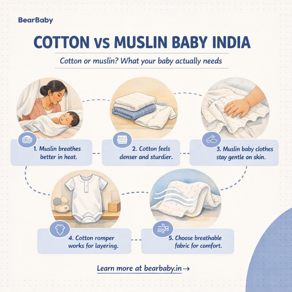 Discover cotton vs muslin for babies in India. Understand the benefits of each fabric for your child's comfort and well-being.