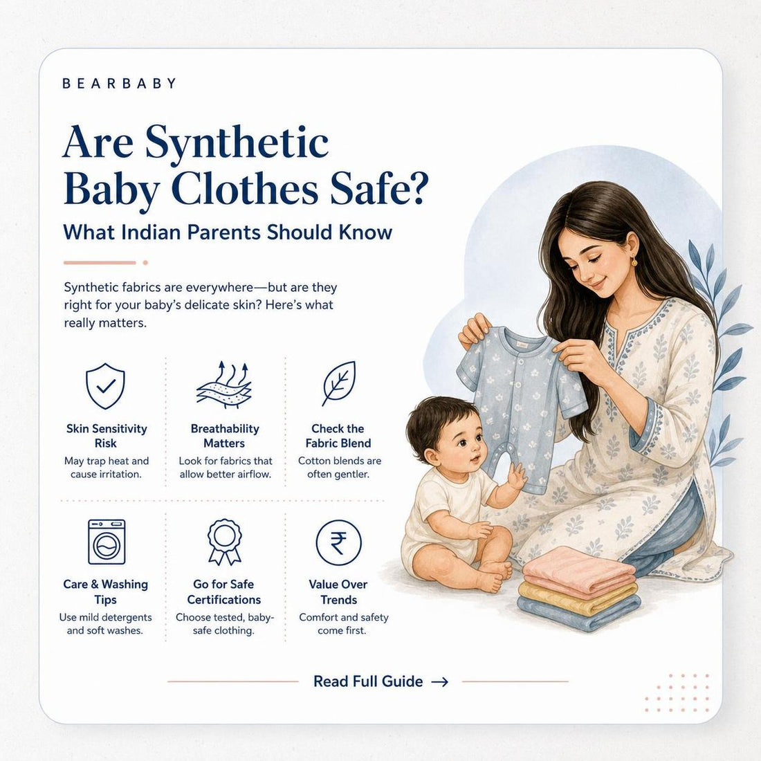 Discover if synthetic baby clothes are safe in India for your little one. Learn about fabric choices that protect their delicate skin.