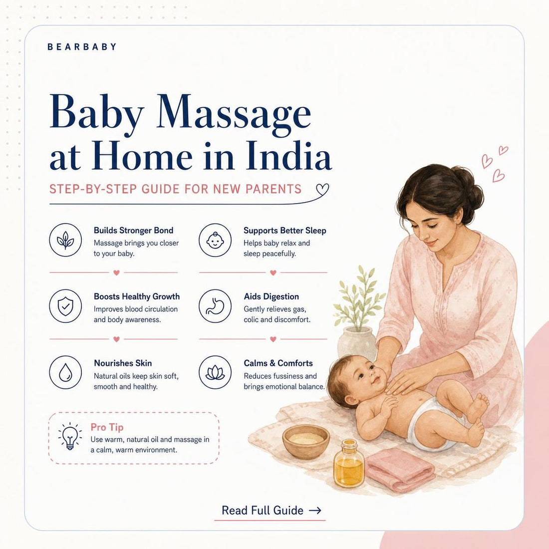 Mother giving baby massage, infant massage techniques, traditional Indian baby massage