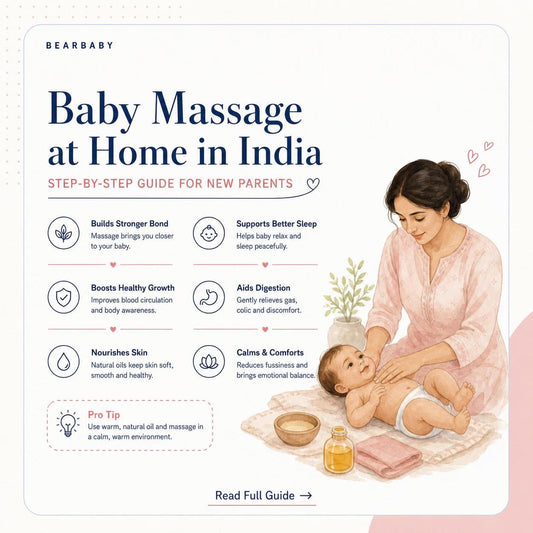 Mother giving baby massage, infant massage techniques, traditional Indian baby massage