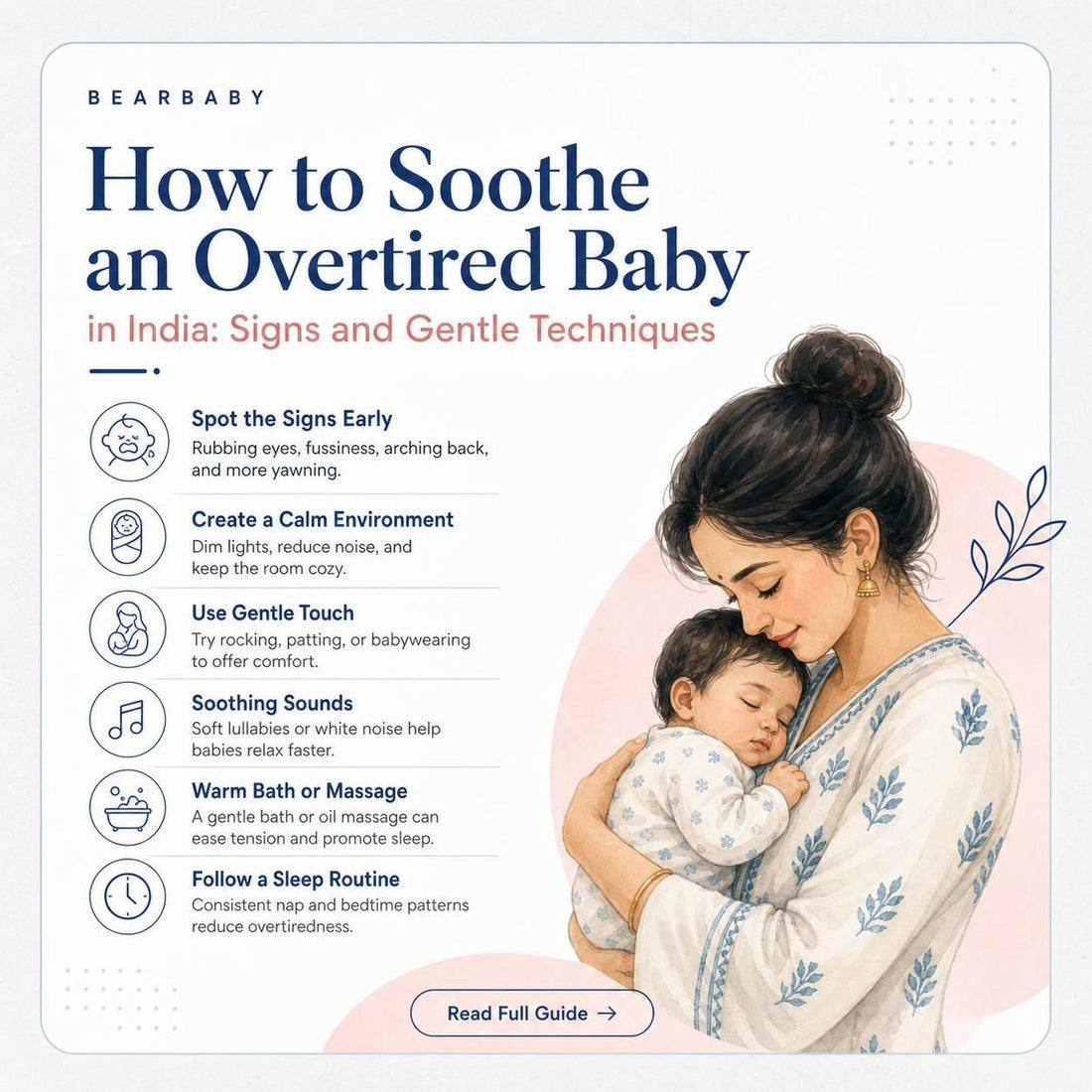 Mother soothing an overtired baby | Calm environment for baby sleep | Gentle baby massage techniques