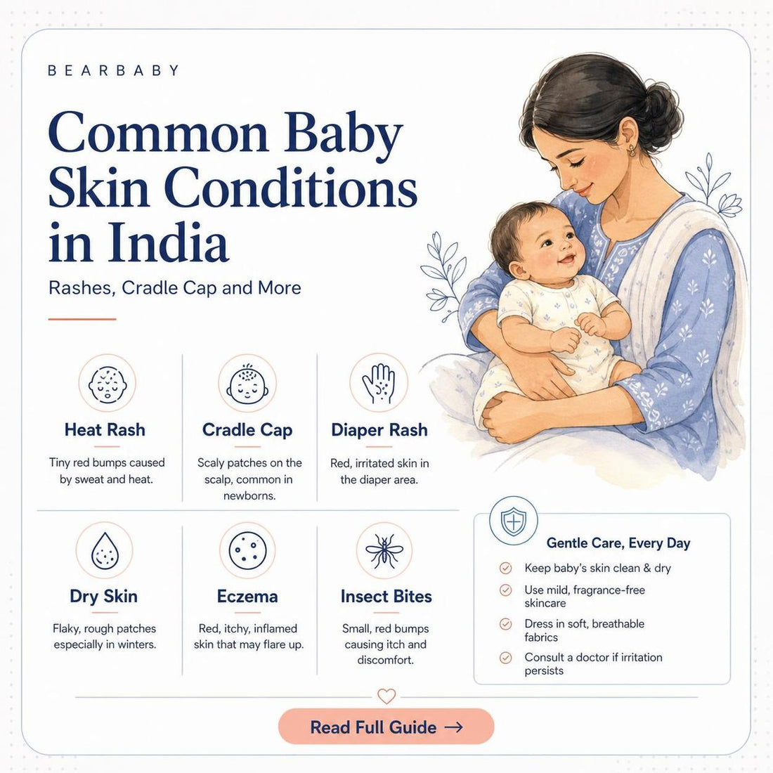 Explore common baby skin conditions in India, including rashes and cradle cap, with supportive tips for soothing your little one's skin.
