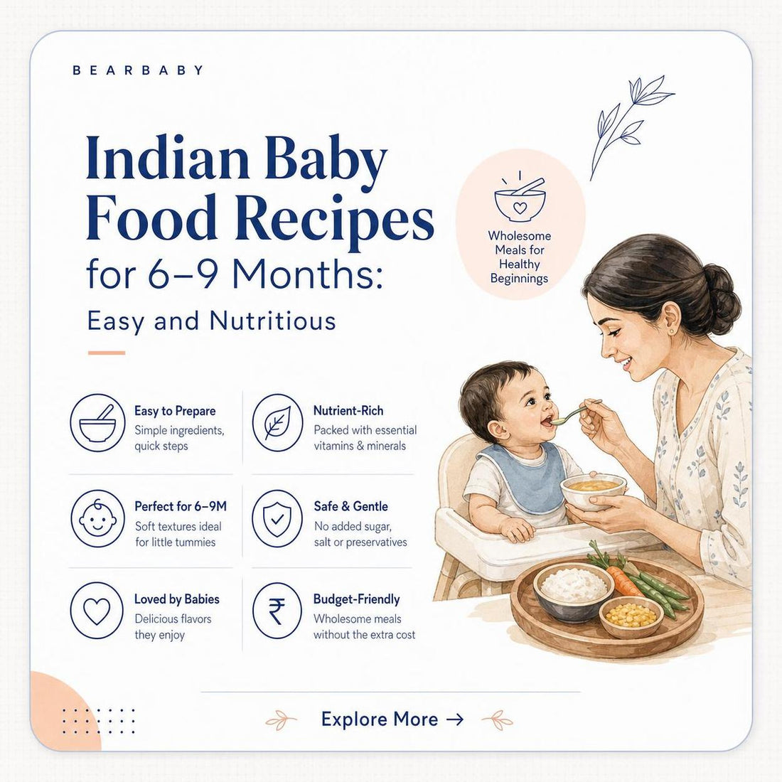 Discover easy and nutritious Indian baby food recipes for 6 to 9 months. Perfect for your little one's first tastes.