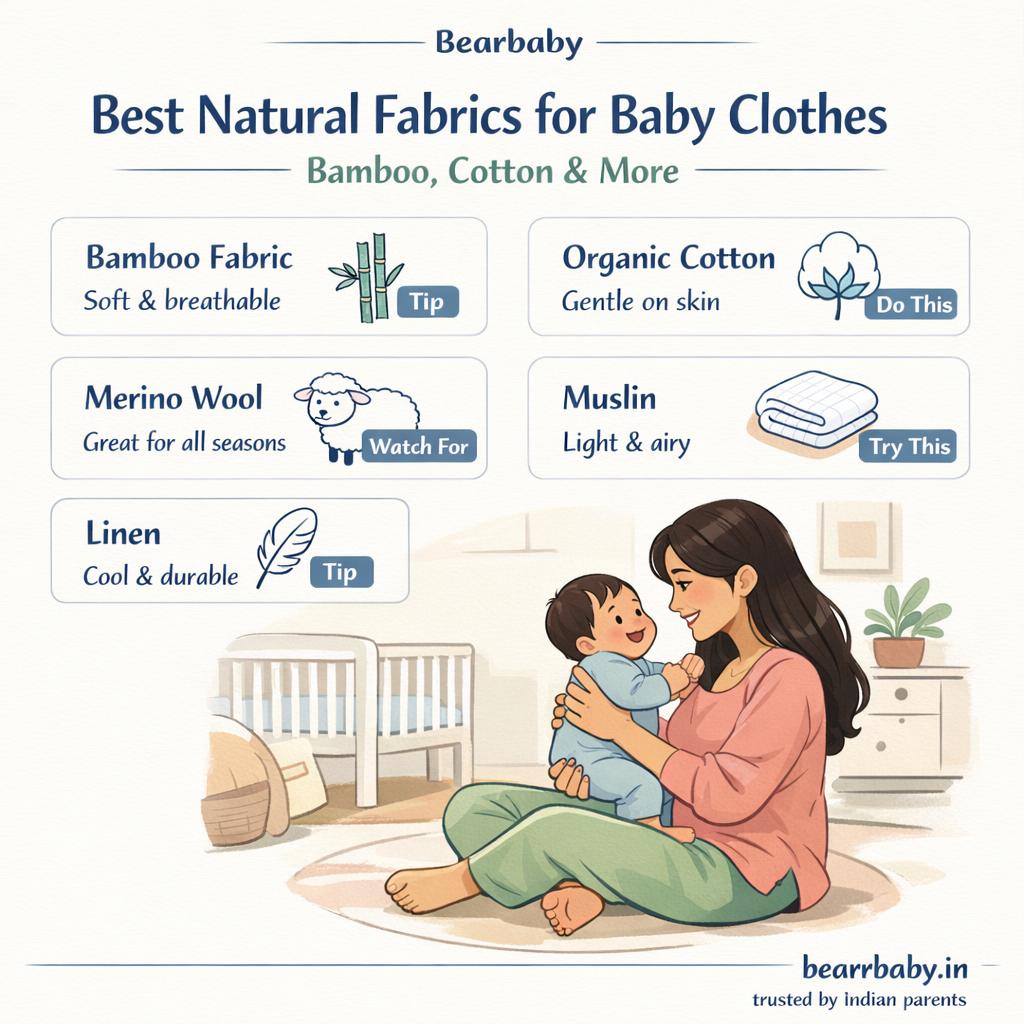 Explore the best natural fabrics for baby clothes like bamboo and cotton, tailored for Indian climate and parenting, ensuring your little one's comfort and safety.