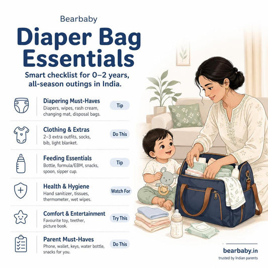 Essential guide on what to pack in a baby diaper bag India checklist, covering diaper bag essentials, must-haves, and tips for busy Indian parents on outings.