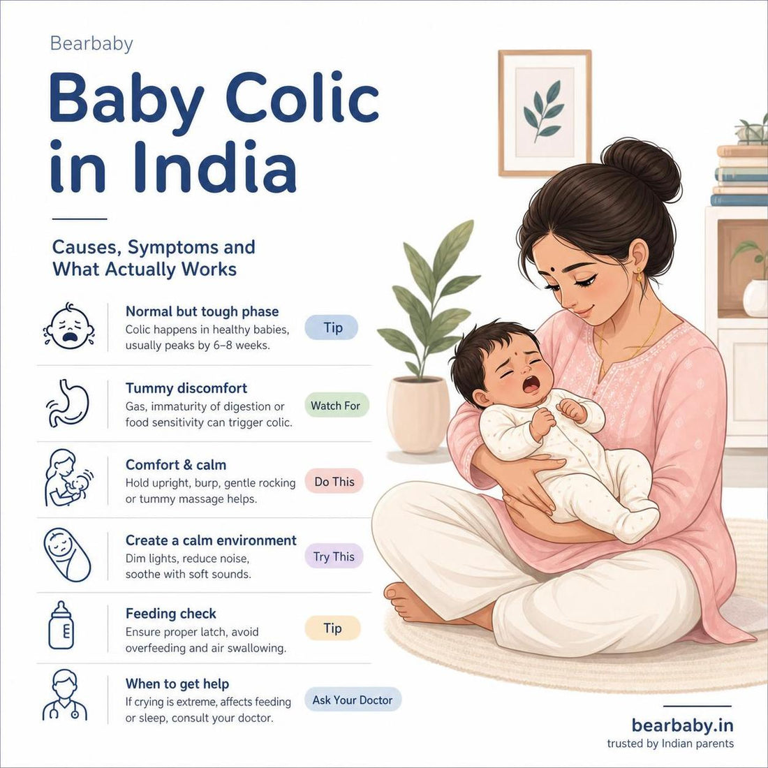 Understand baby colic in India with insights on causes, symptoms, and effective remedies. Tips to soothe colicky babies naturally and comfortably.