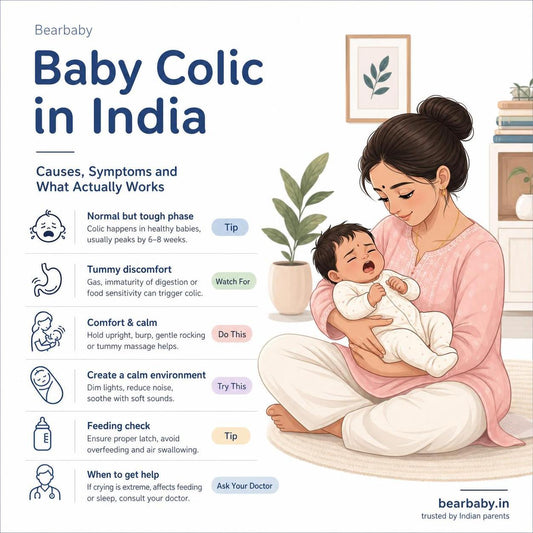 Understand baby colic in India with insights on causes, symptoms, and effective remedies. Tips to soothe colicky babies naturally and comfortably.