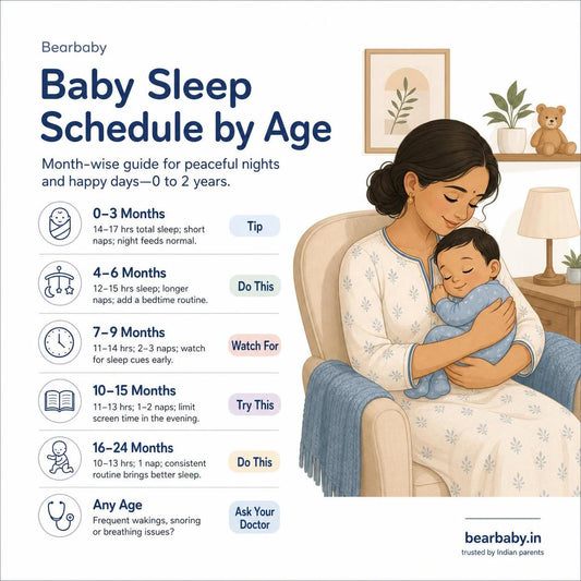 Discover a gentle, month-by-month baby sleep schedule in India. Practical tips for newborns, infants, and toddlers to enjoy restful nights and peaceful days.