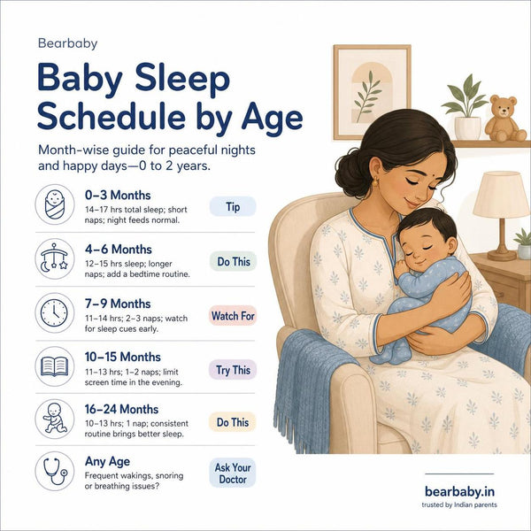 Discover a gentle, month-by-month baby sleep schedule in India. Practical tips for newborns, infants, and toddlers to enjoy restful nights and peaceful days.