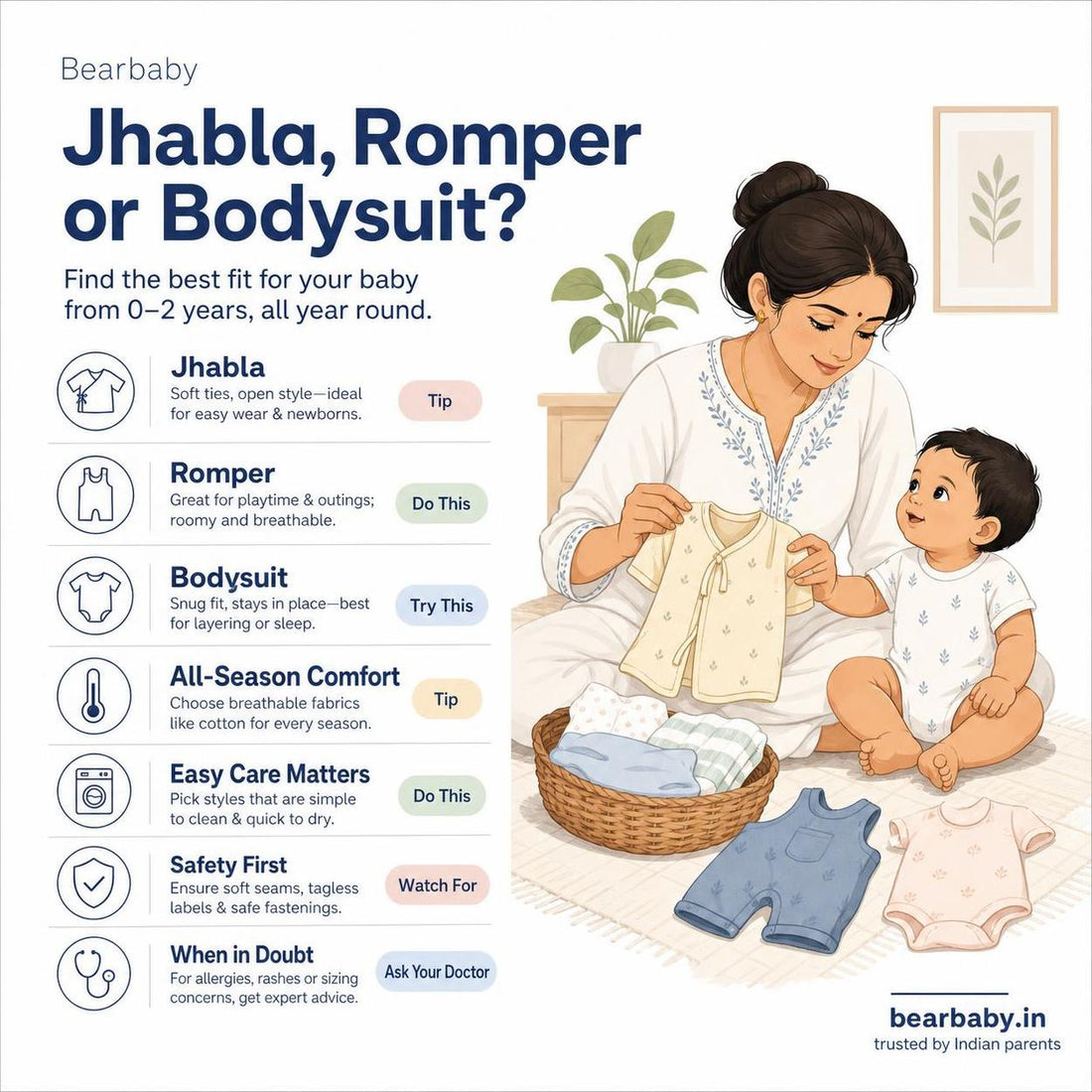 Choosing the right outfit for your newborn in India can be confusing. Explore the benefits of jhabla, romper, and bodysuit to find what suits your baby best.