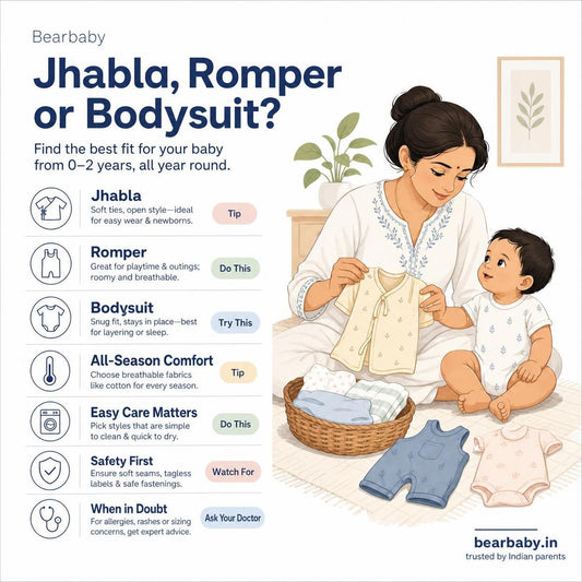 Choosing the right outfit for your newborn in India can be confusing. Explore the benefits of jhabla, romper, and bodysuit to find what suits your baby best.