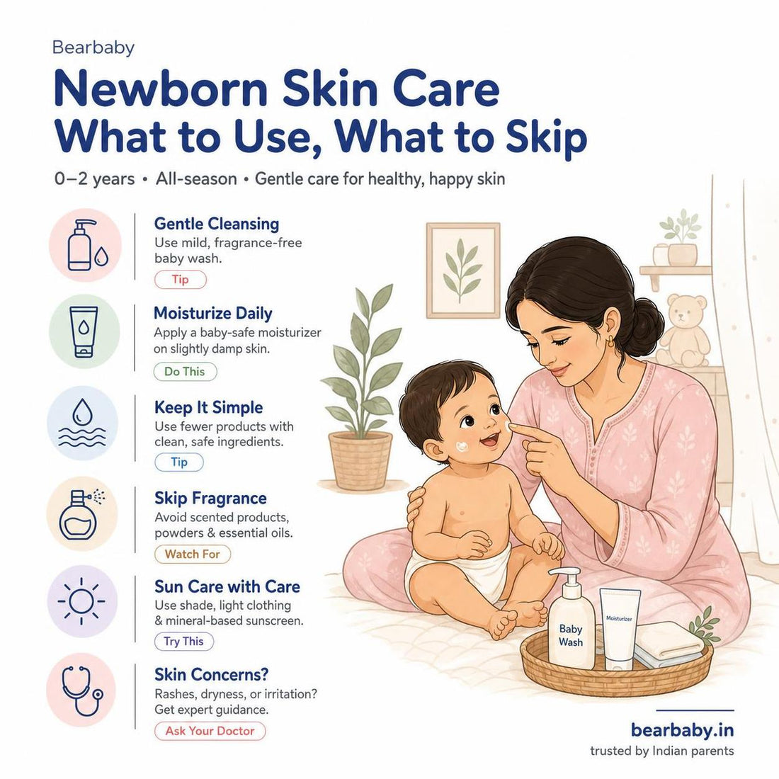 Discover a gentle, trusted newborn skin care routine in India. Tips on safe products, avoiding common irritants, and caring for dry or peeling skin for healthy, happy skin.