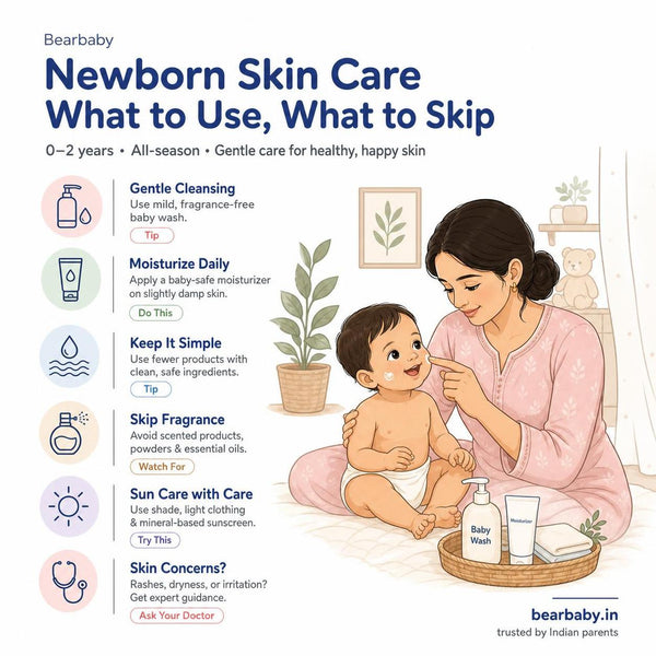 Discover a gentle, trusted newborn skin care routine in India. Tips on safe products, avoiding common irritants, and caring for dry or peeling skin for healthy, happy skin.