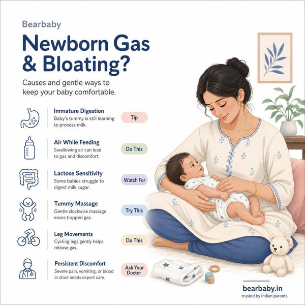 Discover causes of newborn gas and proven tips for relief in India. Gentle techniques help soothe your baby’s tummy and reduce fussiness naturally.