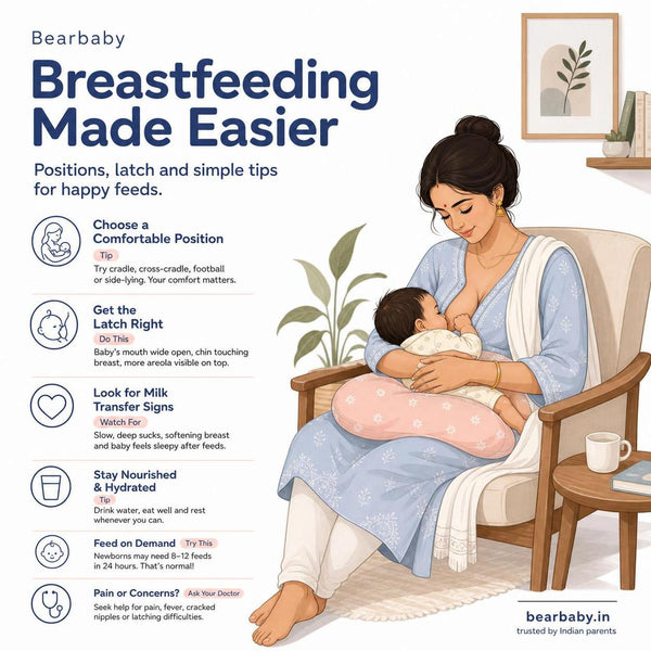 A comforting breastfeeding guide for Indian mothers, focusing on positions, latch, and practical tips for happy feeding routines tailored to Indian climates.