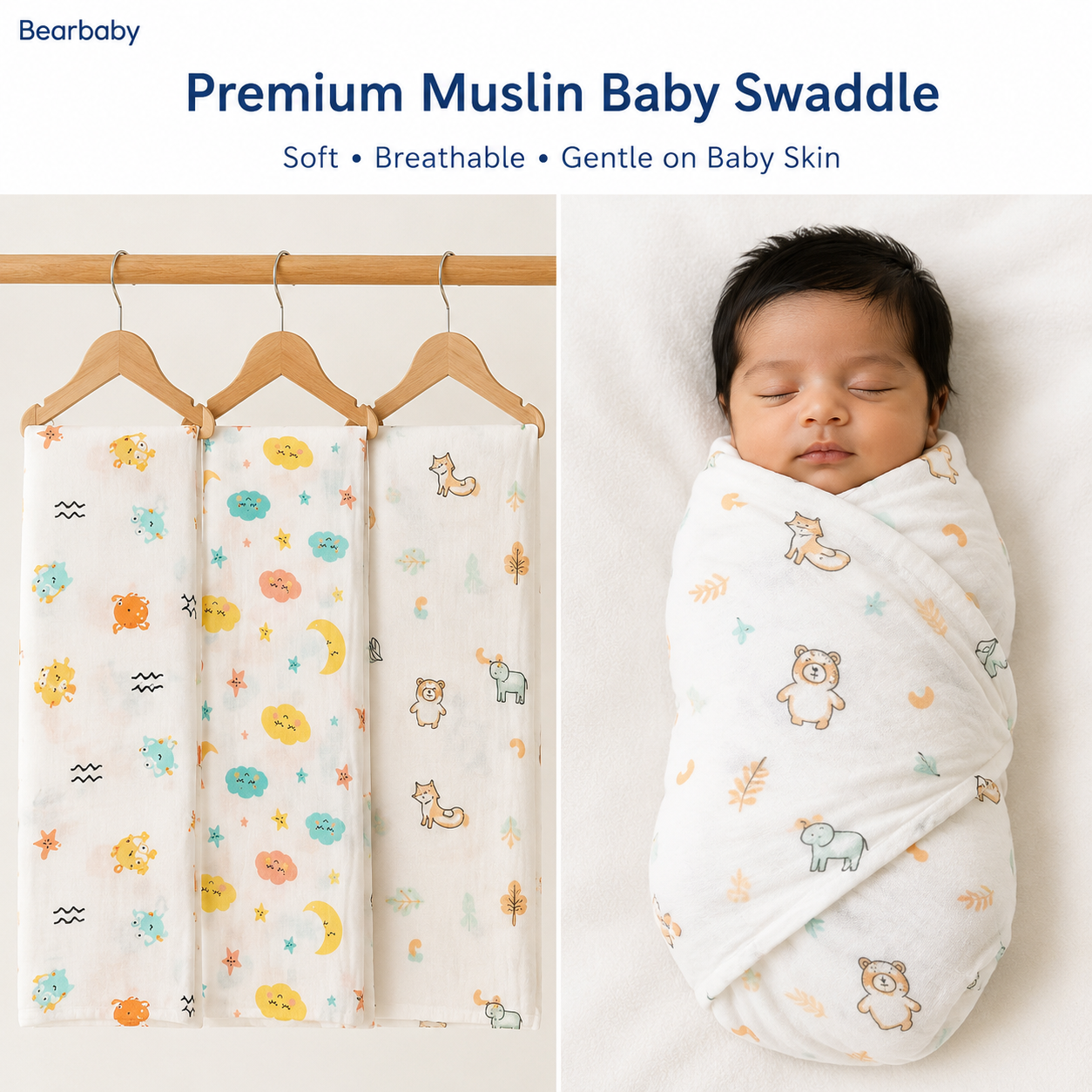 Bearbaby 100% Organic Muslin Cotton Baby Washcloth Set of 2 with Happy Floral and Sunshine Prints for Newborns