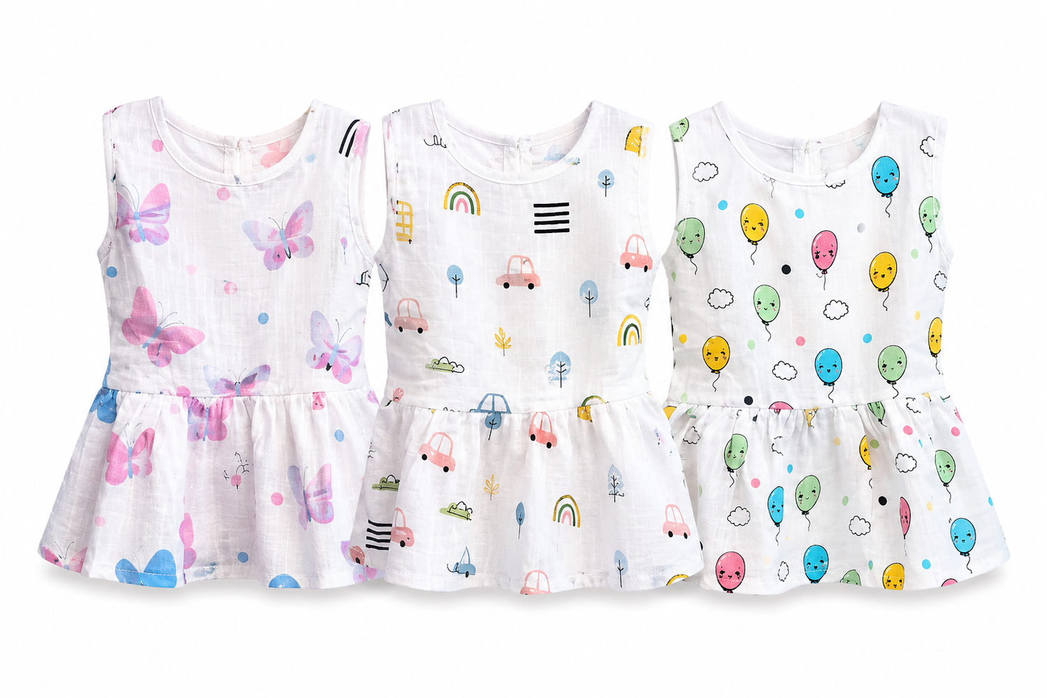 Soft breathable baby muslin sleeveless frock with colorful balloon print for babies and toddlers 3M-12M