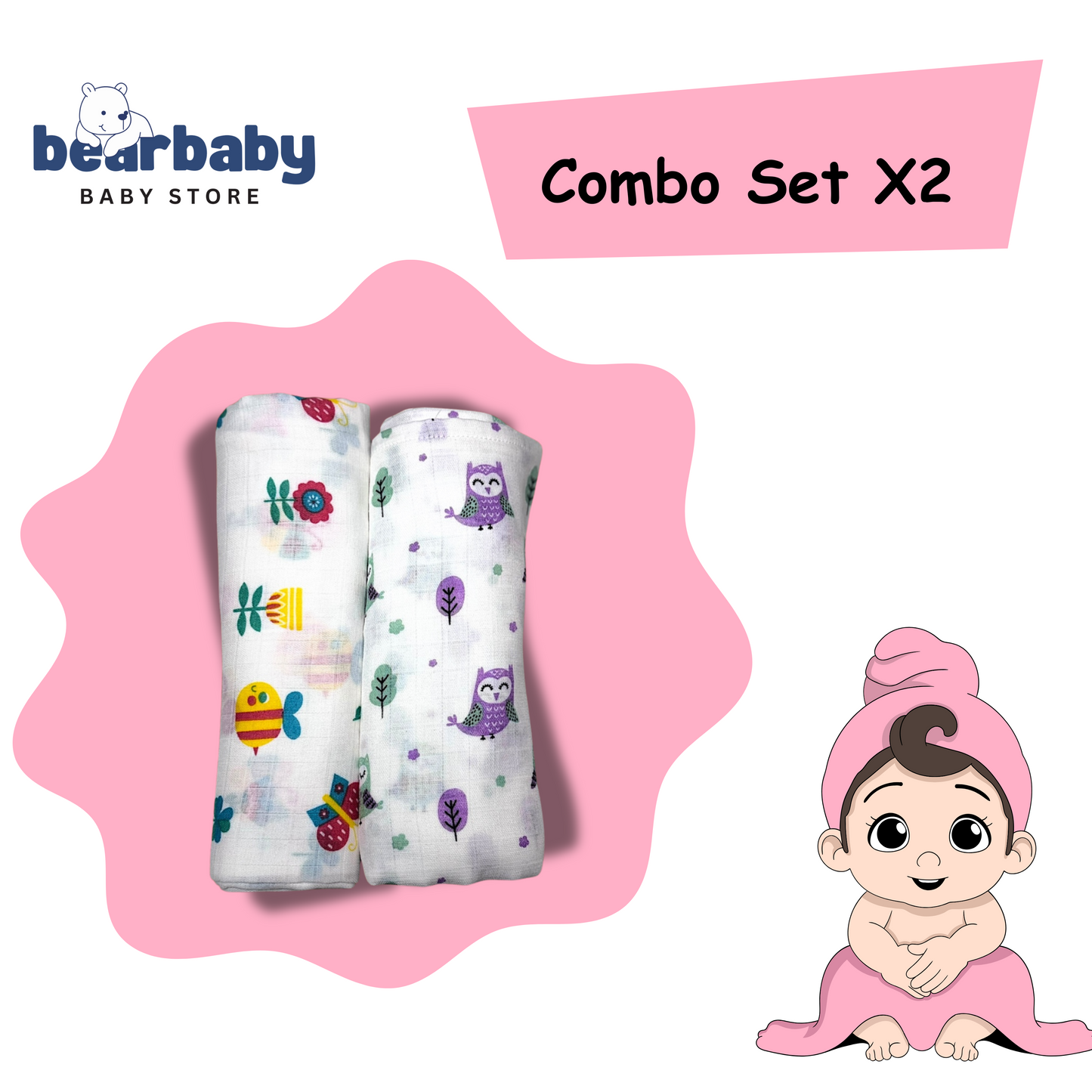 Muslin Towel for Newborn Baby-1Layer/Size 70cm*145cm-Combo Pack 2-Assorted Prints3
