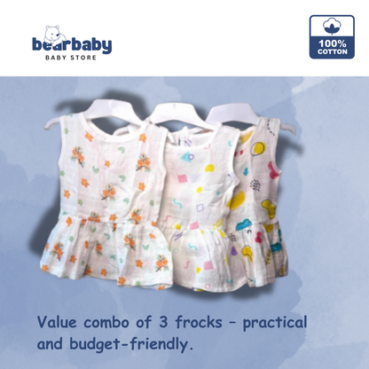 Baby Girl Organic Cotton Sleeveless Frock-Size(3M-6M)-Pack of 3-Assorted Prints 2