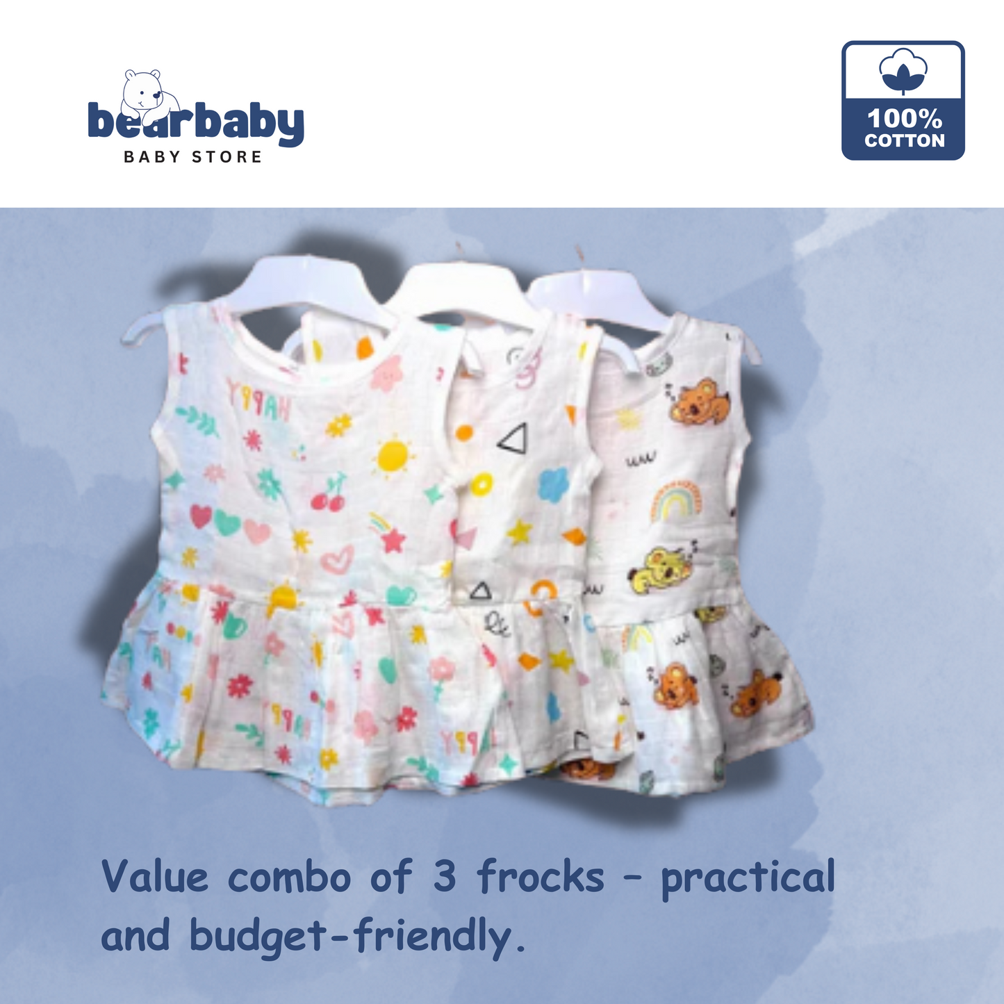 Baby Girl Organic Cotton Sleeveless Frock-Size(3M-6M)-Pack of 3-Assorted Prints 5