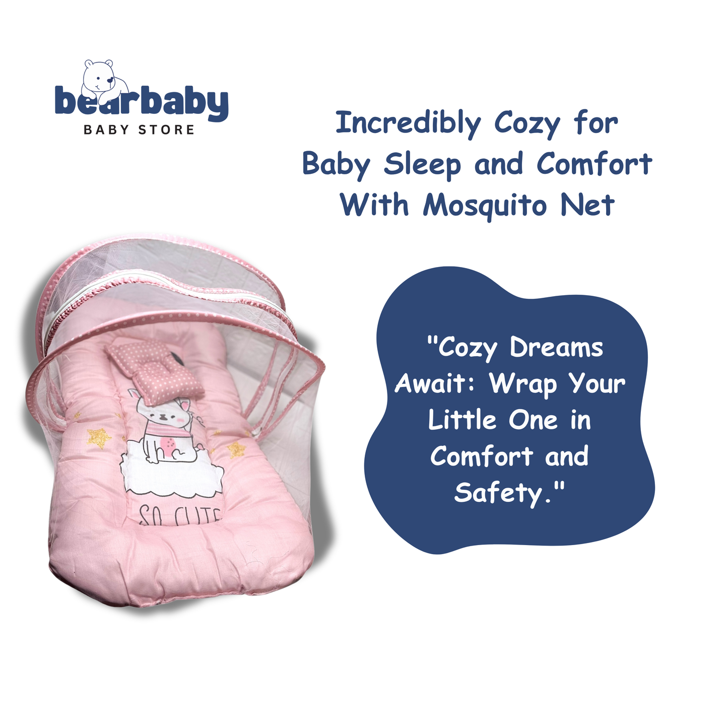 Baby Bed with Thick Mattress & Mosquito Net & Neck Pillowwith Zip Closure-Penguin Hello Winter